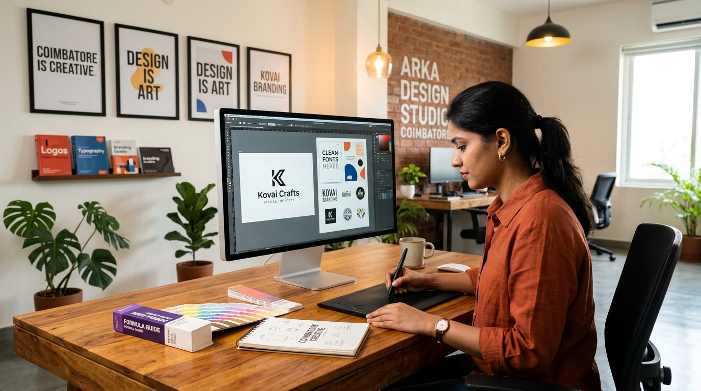 Graphic designer working on branding identities, typography, and logo mockups on drawing tablet in Coimbatore design studio