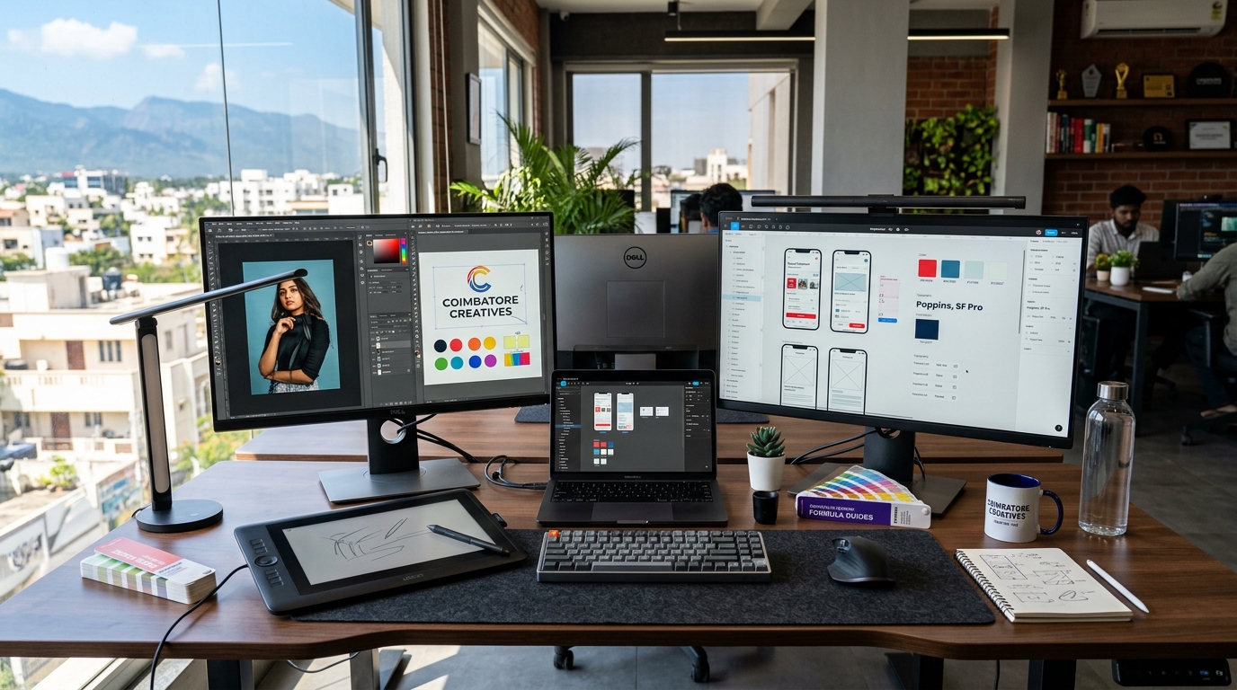 Best Graphic Design Courses in Coimbatore - Photoshop, Illustrator, UI UX design training desk at Buff Institute