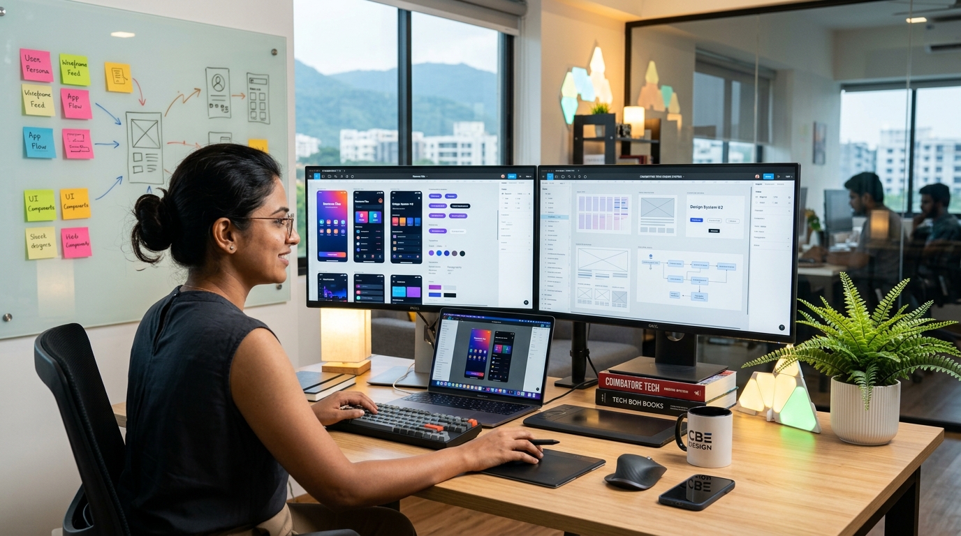 UI UX designer working on dual monitors designing mobile app wireframes and Figma components in Coimbatore
