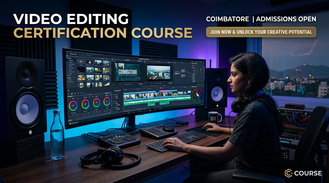 Video editor editing cinematic footage and color grading timeline on widescreen monitor in Coimbatore