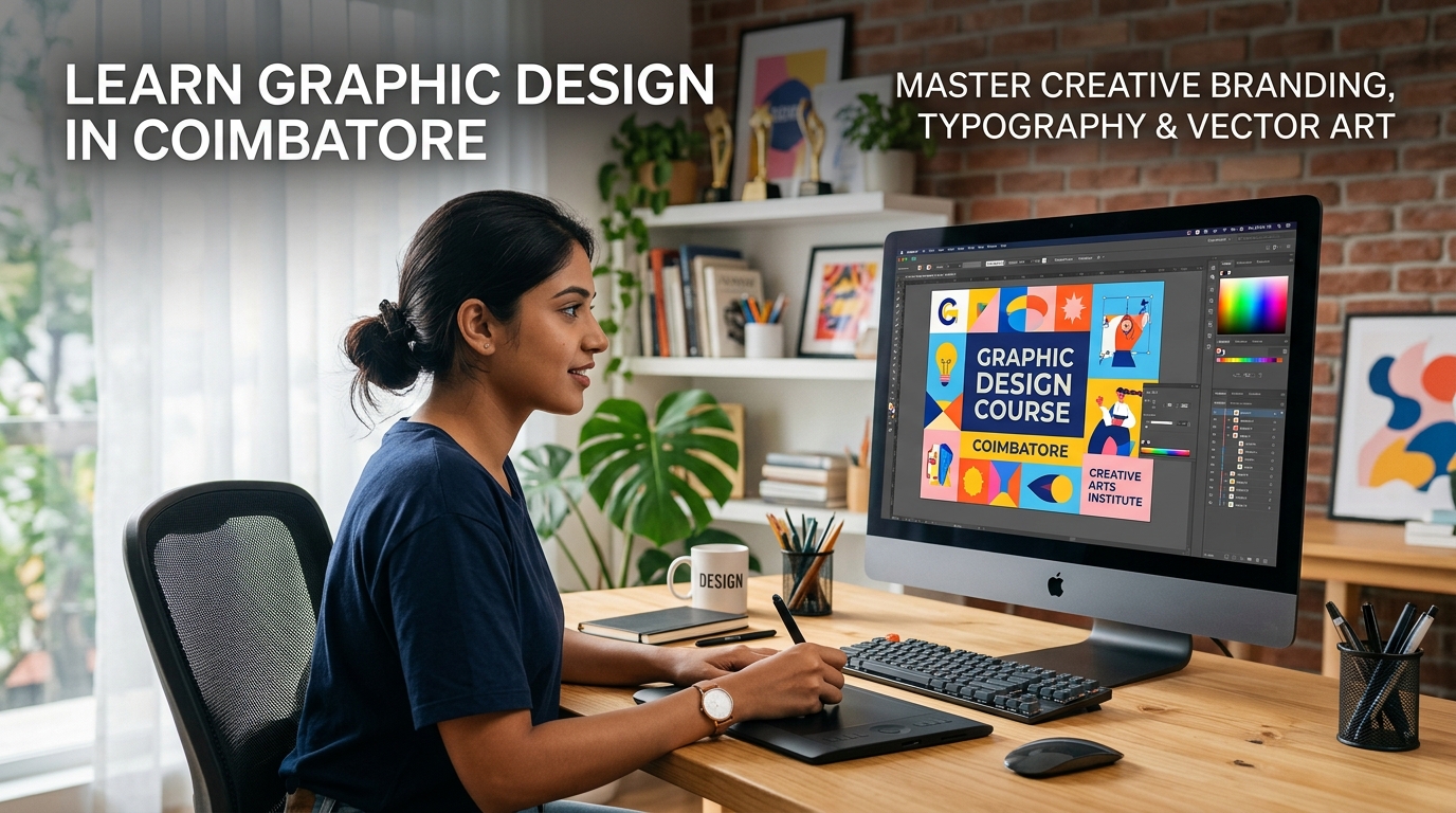 Graphic design student working with drawing tablet on branding and vector typography in Coimbatore