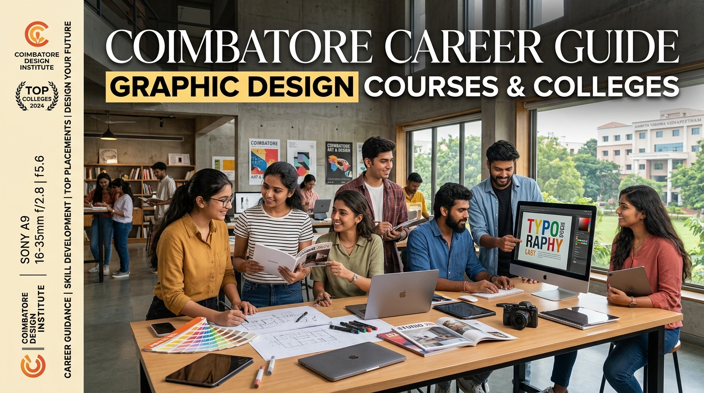 Design students collaborating in a studio lab on typography and portfolio work in Coimbatore