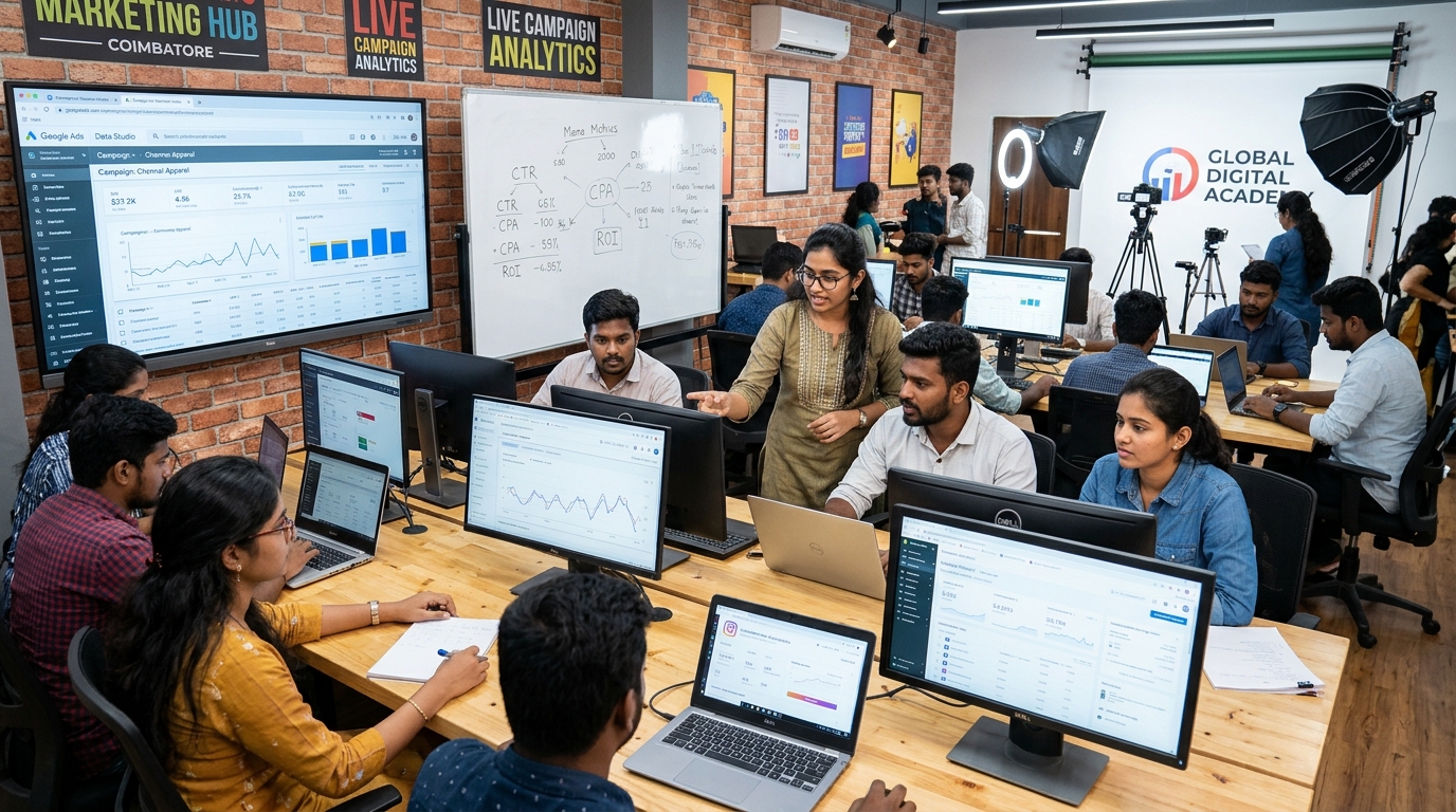 Students and professionals learning digital marketing strategies and Google Ads analytics in a modern classroom at Buff Institute Coimbatore