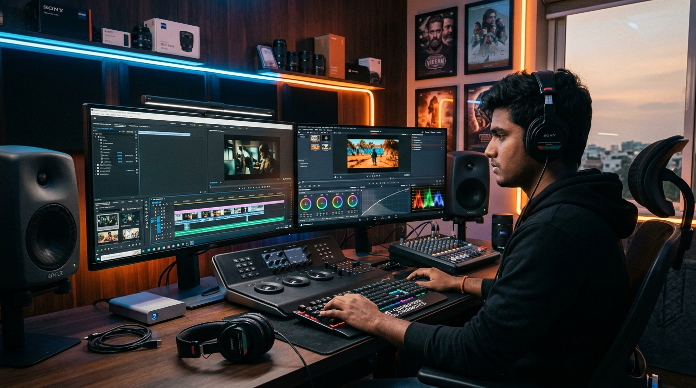 Professional video editor working on dual ultra-wide monitors editing cinematic footage and color grading timeline in Coimbatore